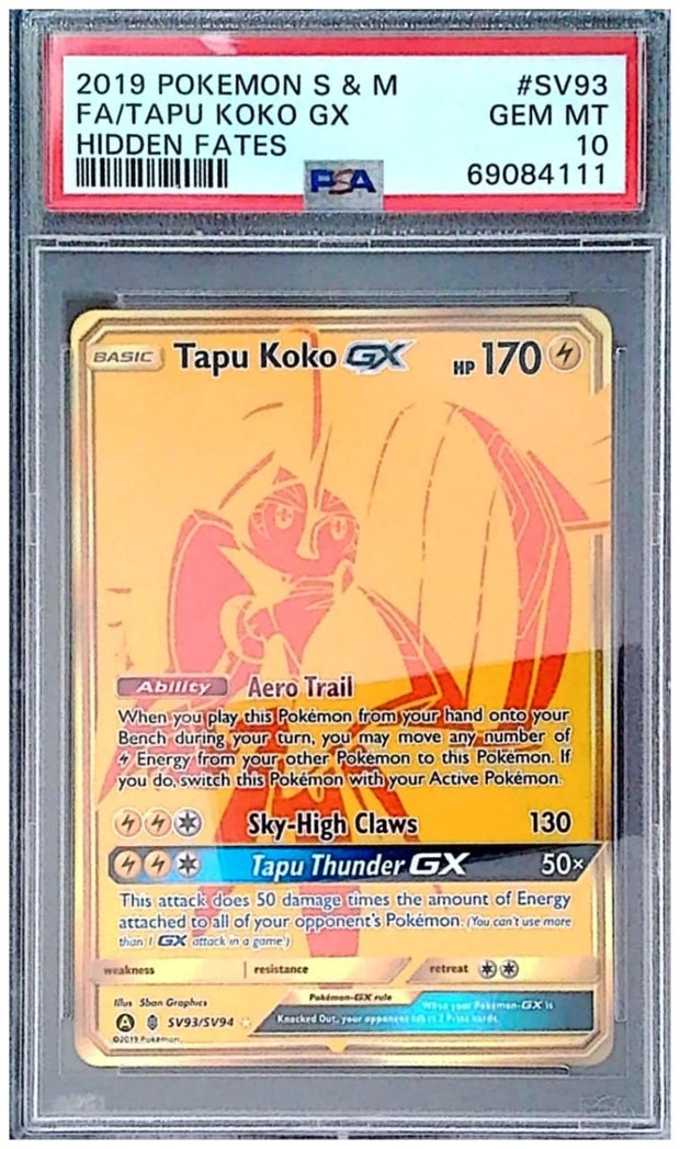 FA/TAPU KOKO GX #SV93 POKEMON SUN & MOON HIDDEN FATES 2019 — PSA 10