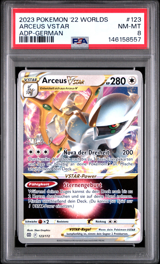 ARCEUS VSTAR #123 POKEMON 22 WORLDS ADP-GERMAN 2023 — PSA 8