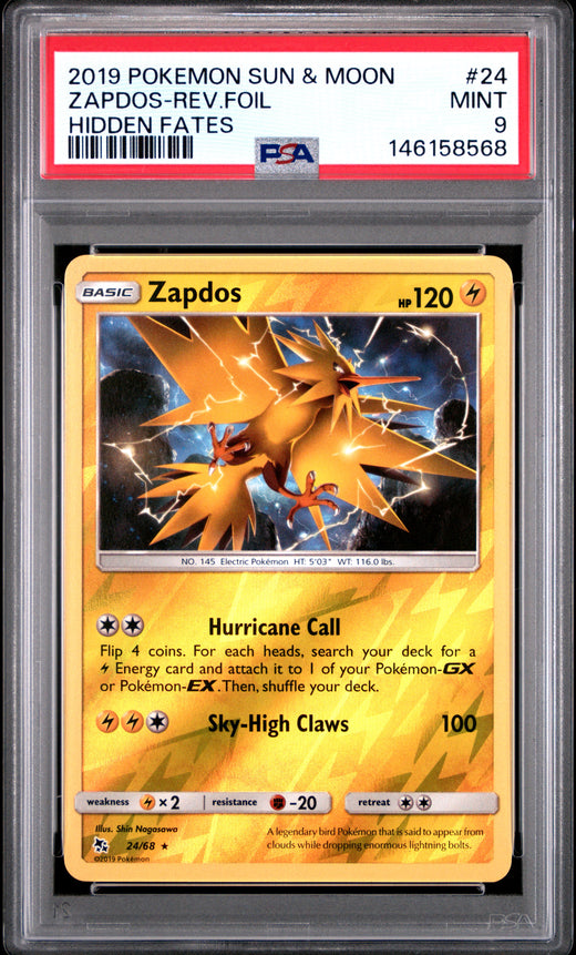 ZAPDOS-REV.FOIL #24 POKEMON SUN & MOON HIDDEN FATES 2019 — PSA 9